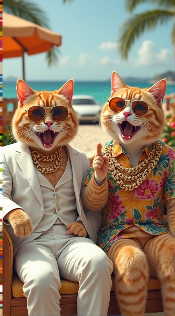 un gato naranja con gafas y un traje elegante en una playa tropical estilo anime manga