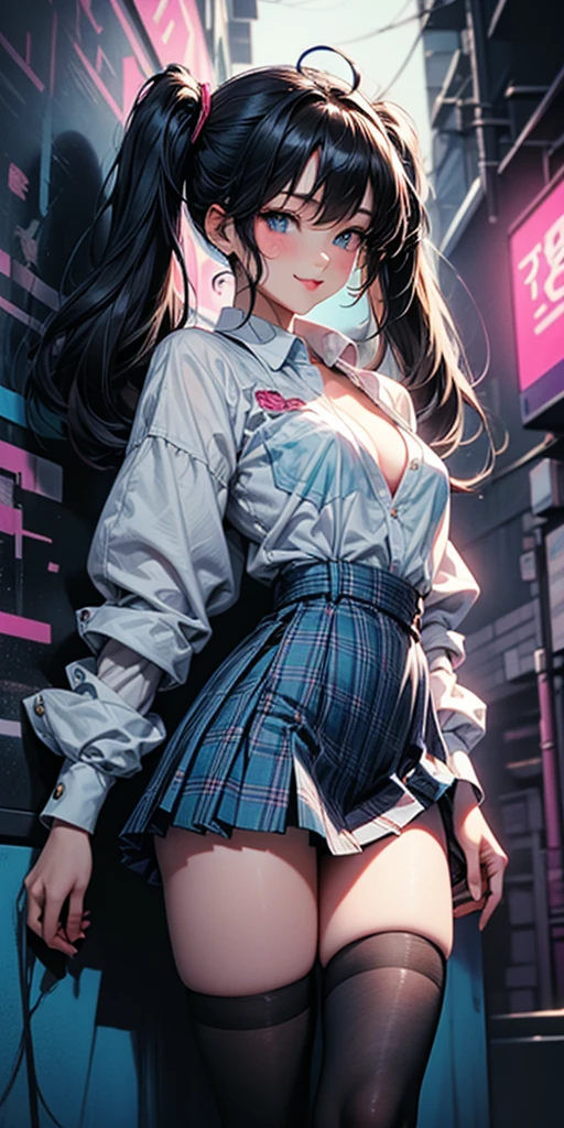 (masterpiece, best quality: 1,2), 1girl, solo,standing_split, Yuuki Mikan, long hair remaining on the floor, short black sleeveless vest, pink skirt, black, completely realistic, realistic face, perfect face, perfect eyes, showing her cut pussy through her panties, tired, tired expression, sweaty, all wet of sweat, naughty eyes. big thighs, super curvy