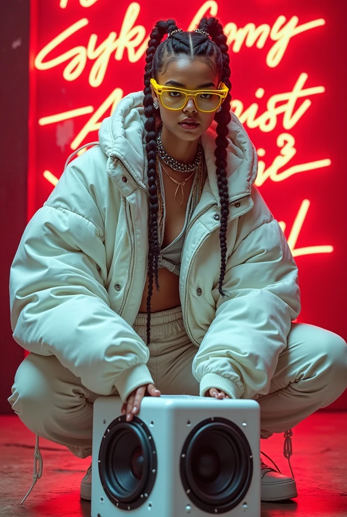 plastic,brown eyes,black hair,short hair,
white shirt,single forearm glove,headband,headphones around neck,
black pants,standing,smile,upper body,
science fiction,white room,tech,
(insanely detailed, masterpiece, best quality),solo,<lora:plastic:0.8>,