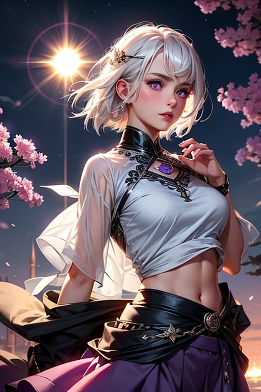 masterpiece, best quality, highly detailed, 1girl, white hair, Exposed shoulders, exposed tummy, fantasy clothing, A girl in a field of flowers, mountains in the distance, a large moon, night sky. Fantastic ambiance.