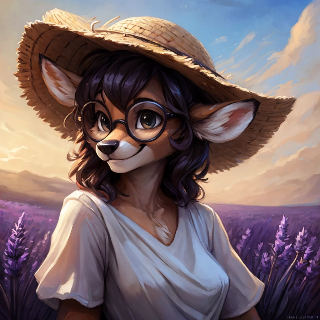 uploaded on e621, artstation, by Pixelsketcher, by Bayard Wu, by Thomas Benjamin Kennington , by Einshelm, by hioshiru and kenket, Chunie, portrait, solo anthro female deer doe, with small featureless breasts, clear dark blue, cinematic lighting, day, sunny day, lavender field, stays in a lavender field, lavender field background, mediterranean background, horizon background, shiny, shoulder long curly dark brown hair, wears big black nerd glasses, very very beautiful furry art, furry art, smiling, joyful, shiny, happy, feminine, cute face, muzzle, fluffy chest, flawless face, Fallow deer, 1girl, Sakimichan is beautiful, Masterpiece, Wavethesallow Face, shiny, Detailed image, portrait, Detailed image, portrait, full body, wears white short summer dress, wearing beige summer straw hat, shiny, realistic face, perfect anatomy, hourglass body, (furry body:1.1), anthropomorphic deer, looks at the viewer, small fluffy tail, detailed background, (cute anatomy:1.1), walks in a lavender field, a few cypress trees in the background, few lavender flowers in hair