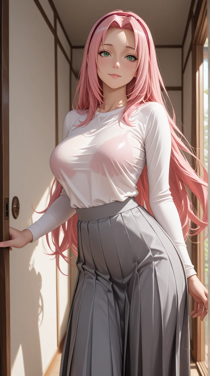 1 girl, alone, hahari hanazono, long hair, bangs, (green eyes: 1.2), pink hair, flower, hair flower, smile, (pink blouse), white floral print, bare waist, tight blue jeans, outdoors, city, walking, from behind looking at viewer, pov(from below), masterpiece: 1.2), best Quality, high resolution, Unity 8k wallpaper, (artwork: 0.8), green eyes (beautiful detailed eyes: 1.6), extremely detailed face, perfect lighting, extremely detailed CG (perfect hands, perfect anatomy), large breasts, medium waist. , wide hips, medium thighs, round butt
