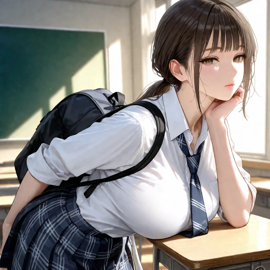 Masterpiece, best quality, 1girl, <lora:kwFemaleBeta32_v13:0.6>, student, classroom, school bag, table