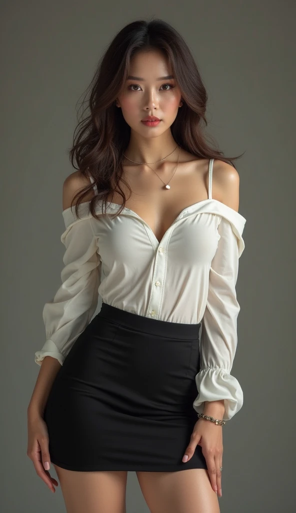 (8k、raw photography、premium、masterpiece:1.2)、(realisitic、photorealistic:1.37)、ultra detailed、超High resolution、1 girl、see the viewer、Beautiful detailed face、a smile、constriction、(Thin waist) :1.3)、off shoulder shirt、Pleated mini skirt、black pantyhose、Full body photo、Beautiful detailed skin、skin texture、floated hair、Professional lighting、big and full breasts、chest neckline、Open the chest of the shirt well.、not good、shall