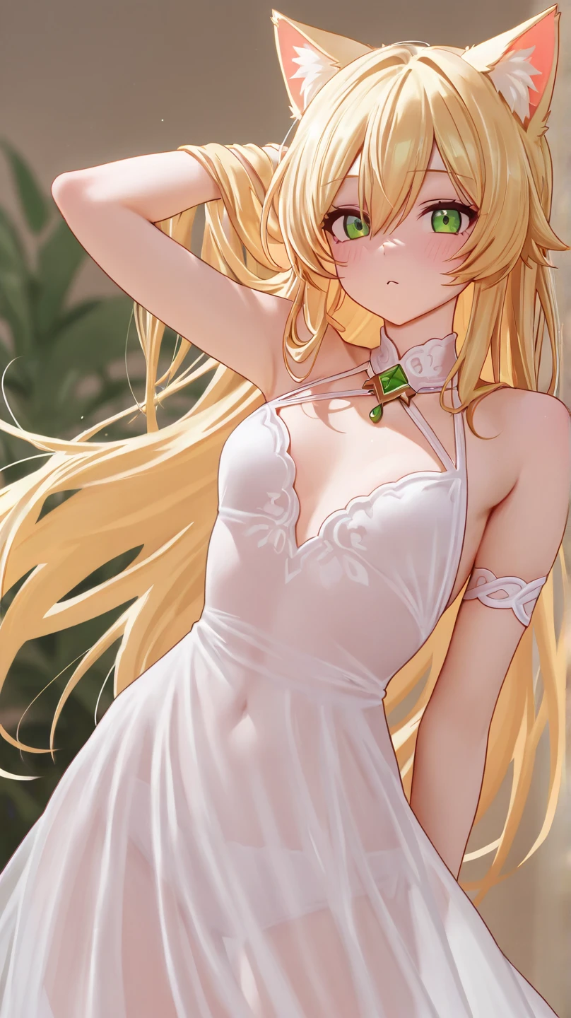 Slim blonde girl in white dress shapely legs sensual body small eyes small mouth thin waist long hair looking provocatively at the audience 