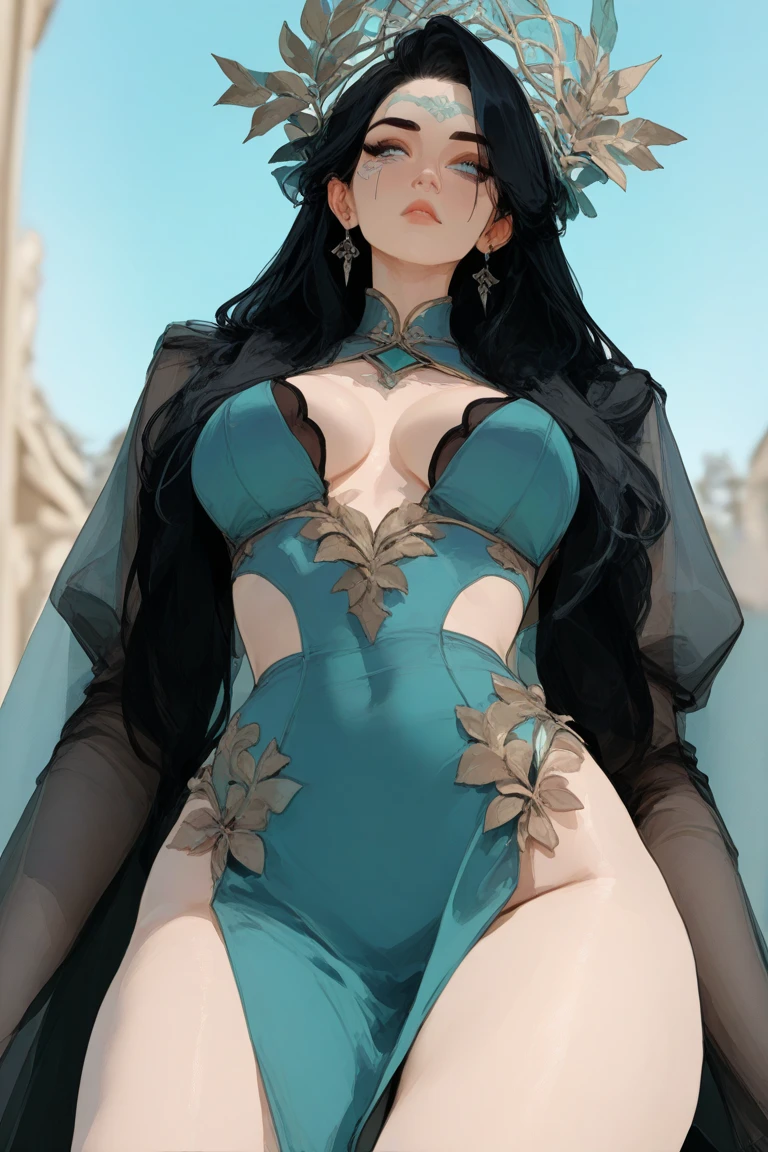 She has long black and shiny hair,Beautiful lines,Exudes an attractive sheen。Curvy figure,Hit the spot,It's eye-catching。skin tone,I am white,Like snow-white jade。How are my measurements,It is perfectly preserved。Face profile,Soft and three-dimensional,Delicate facial features,Radiant hair,The eyes are slightly larger,Willow eyebrows,Cherry mouth,The nose is high,Pupil blue,Hair color turquoise,Face contouring melon seed face,The costume was changed to ancient Hanfu,Bare chest and legs,Wear white stockings on the legs