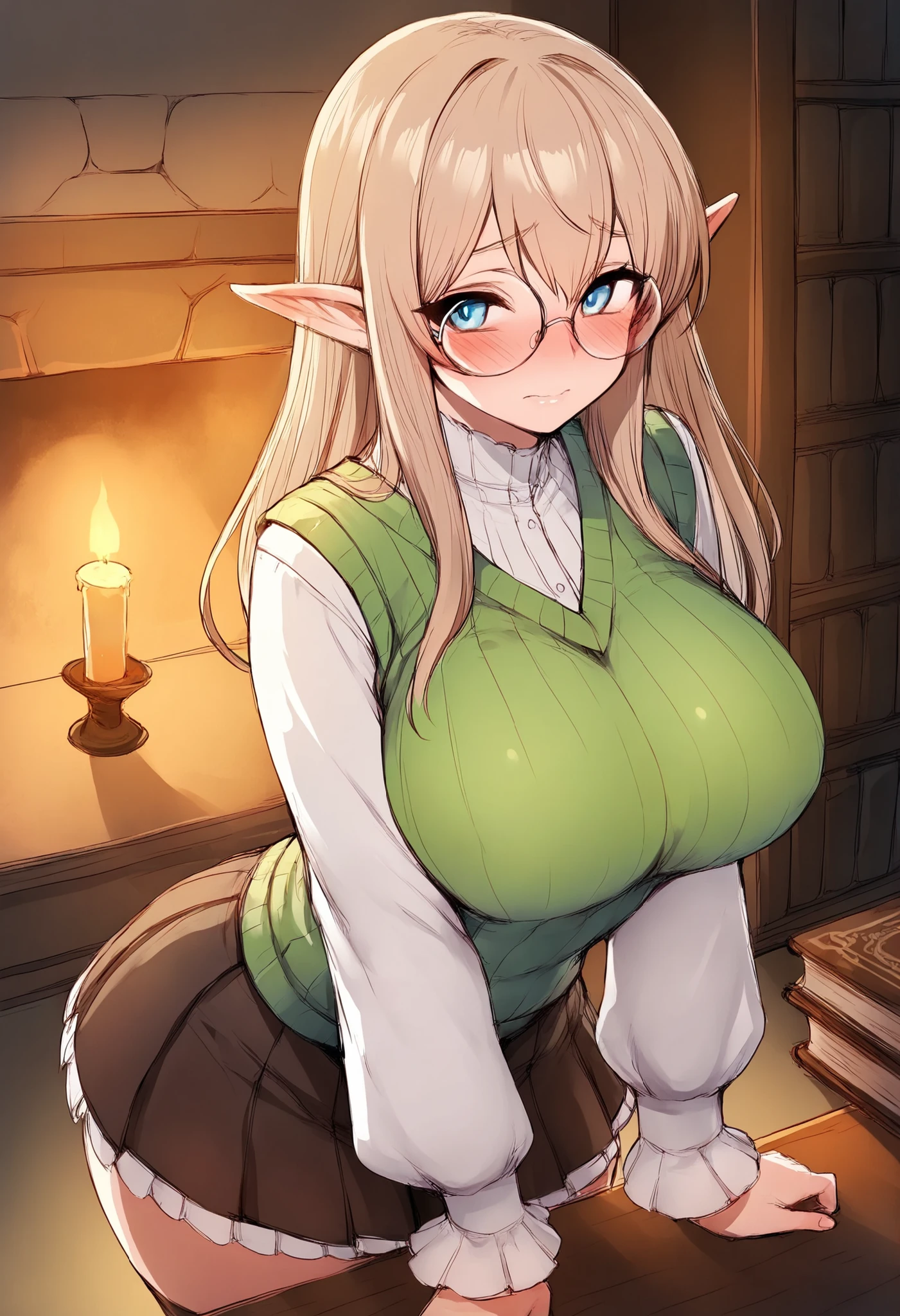 master-piece, bestquality, 1girls,16 years old, View viewers from front, HD, slight smile, big tits, cleavage, tights cloth, , tiny body, leaning forward, outdoor, mountain, wear glasses, under tits cleavage, look down, stand up, aazelda, crown braid, hairclip, pointy ears, puffy sleeves, long sleeves, black pants, tight pants, large hips,