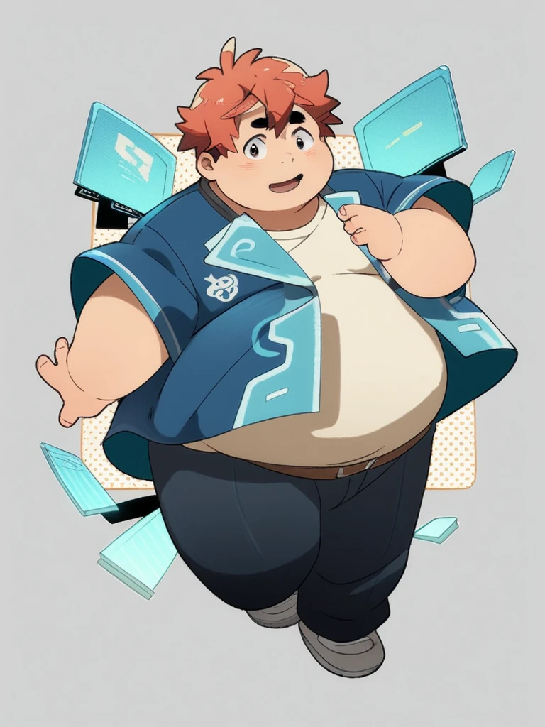 Full Body Blue, Body Noise-Sensing, as a computer folder, Wearing School Uniform, chubby , cute, with a big belly to reveal clothes, Fatty, No Glasses , With hair, Overweight, Big belly, anime style