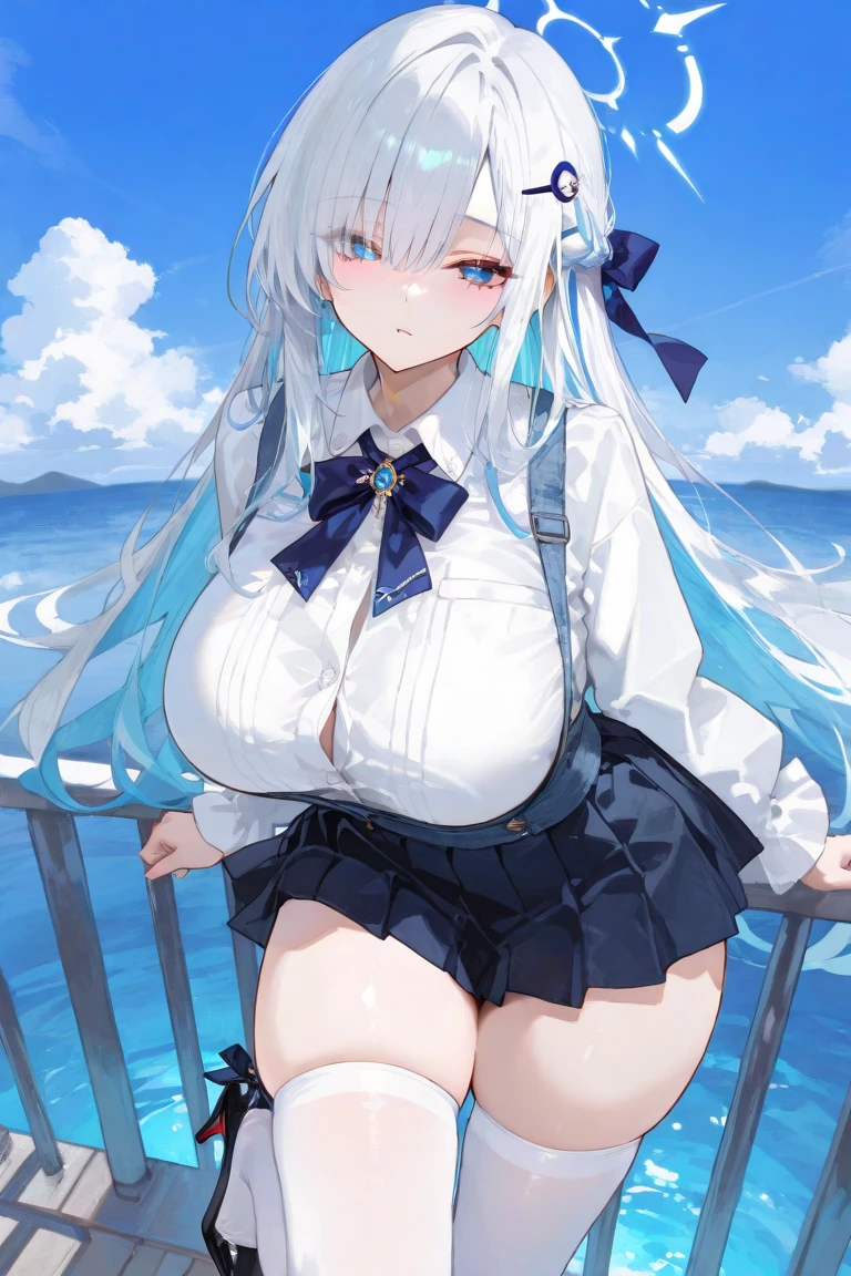 (((masterpiece))), ShizukaMikazuki, One Girl, alone, View your audience, Long Hair, Gray Hair, Long sleeve, Cleavage, Large Breasts, Close your mouth, clavicle, Jacket, Open clothes, open Jacket, blue Jacket,open white shirt,Black shorts, Play sports often, bicycle,blue eyes,Road with a lake view