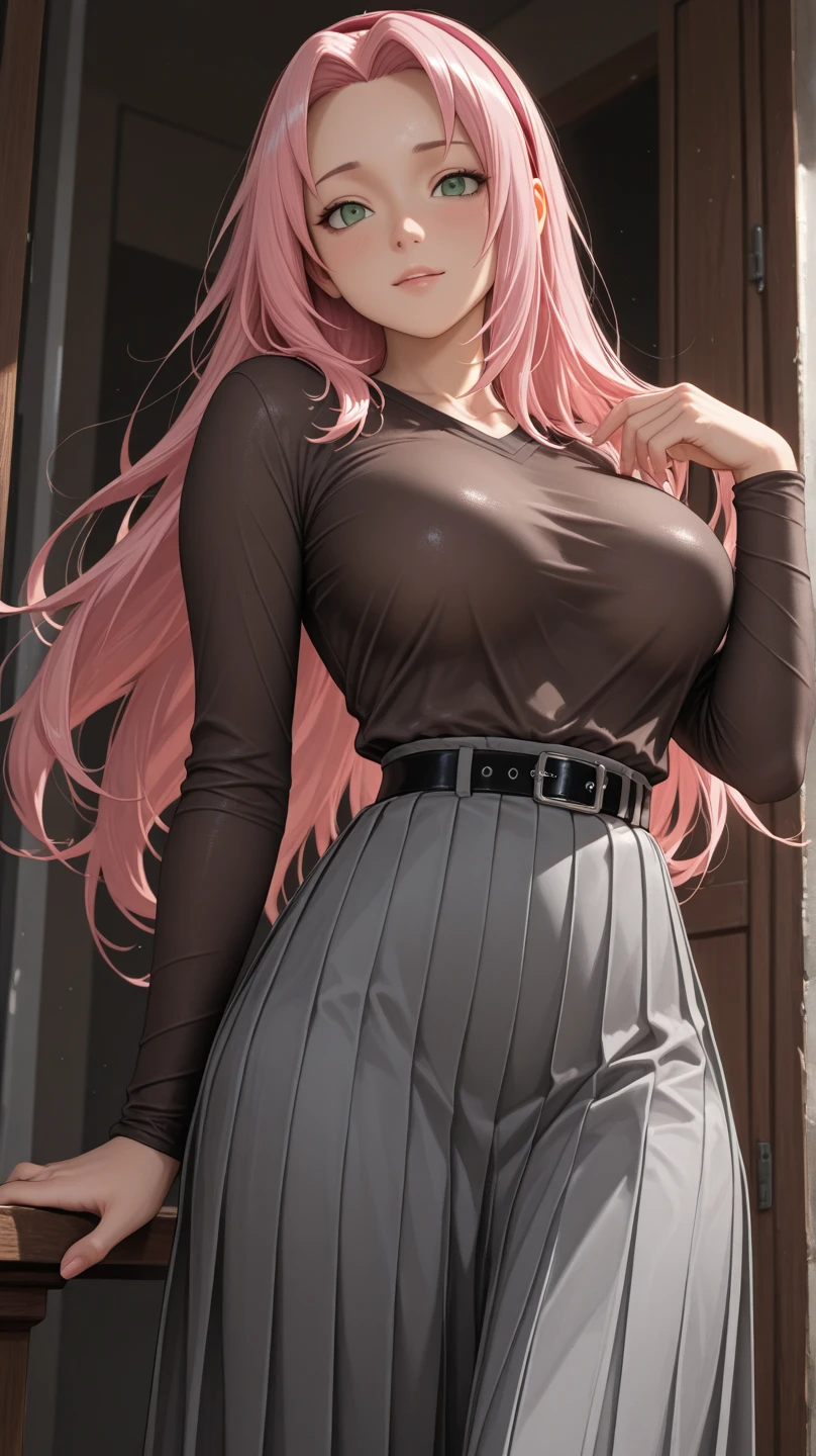High resolution, Very detailed, perfect lighting, beautiful detailed eyes, ((masterpiece,Best Quality)), absurdities, alone, princess zelda, by the width, crown braid, Hair clip, pointy ears, pink shirt, long sleeves, Gloves without fingers, black gloves, Black shorts, tight shorts, smile, curves, nod, , deep neckline, deep neckline, bare breasts, bare breasts, NSFW, visible nipples, visible nipples , pink hair, pink hair, acercamiento, acercamiento, vista desde atrás, trasero grade y firme, vista desde atrás, trasero grande y firme