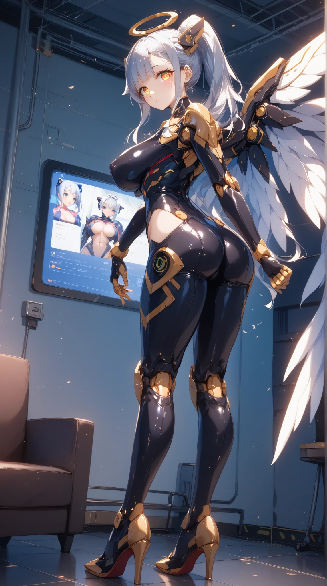 ((Highest quality、masterpiece、anime style、best quality、high resolution、8k、detailed、ultra-detailed:1.3))、Long legs、Sharp focus:1.2, Beautiful woman with perfect figure:1.4、(Smiling:1.2), double eyelid、30-year-old female、Sexy pose、((((Close your mouth、One Woman、Bikini Armor:1.5))))、movement,Dynamism、Fighting Pose、Her hairstyle is long and permed.、Hairstyle: vertical rolls、The background is a futuristic city
