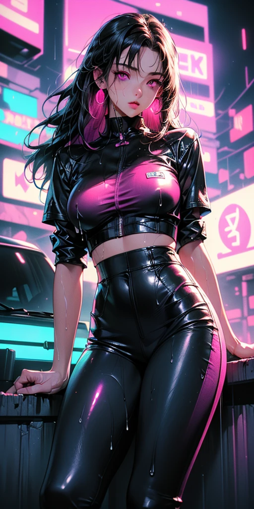 ((Best Quality)), ((Masterpiece)), (Detail: 1.4), Intricate details, Cinematic lighting, Sharp focus, Detailed face, (((1 woman))), Goddess with red eyes, (A Beautiful office Woman with long black hair:1.5), (((((Black and red gradation hair))))), (Dark skin:1.6), (Light blue business outfit:1.5), (Light blue jacket:1.5), (Tall Woman), (Earrings:1.3), (Huge Breasts:1.4), (Smal waist:1.3), (Long Legs:1.4), (Stockings:1.3), (Futuristic car park:1.5), (Cyberpunk city in the background:1.3),