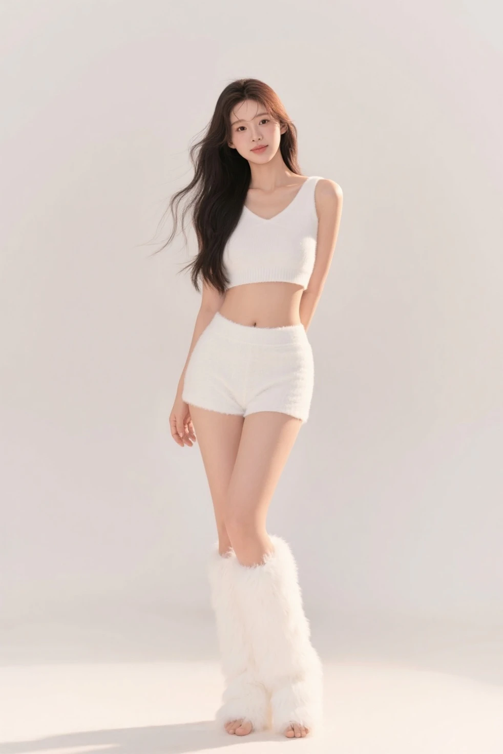 a white shirt (((masterpiece, highest quality)), no panties, 1 girl, (photorealistic: 1.4), solo, white background, black hair, long hair, absolute area, skirt, ((full body)),  