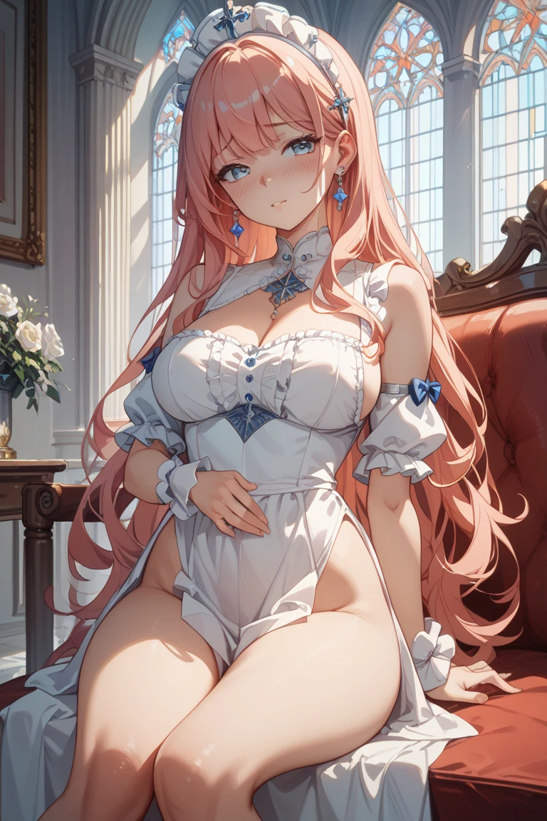 alone, masterpiece, best quality, Very detailed, meticulous eyes,superior_Body,1 girl big breasts，Extra large breasts，Large bare breasts，Exposed cleavage，Dressed in pink Lolita，Wearing white knee socks，突出的Extra large breasts，Focus on the breasts，pink hair，long hair，Feet are covered，坐在床superior，A little clothing，衣服遮不住Body