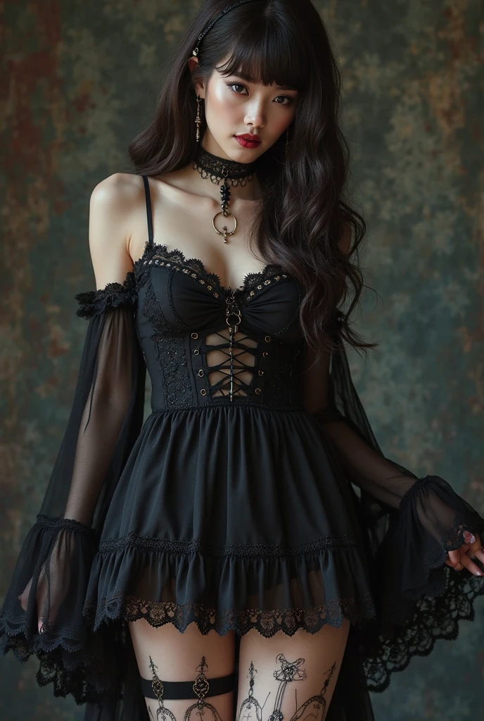 there is a woman taking a selfie in a mirror, an album cover by Nándor Katona, reddit, gothic art, wearing a gothic dress, gothic outfit, 1 7 - year - old goth girl, she is wearing a black dress, wearing modern gothic clothes, gothic dress, gothic horror vibes, dark gothic dress, witchcore clothes