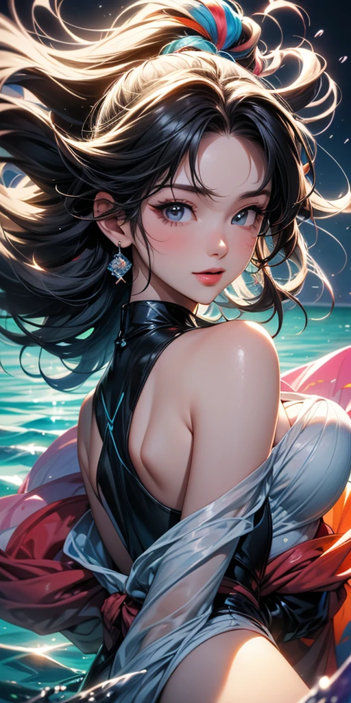 ((best quality)), ((Masterpiece)), (details), perfect face, black hair, Bob, be startled, Long eyelashes, solid round eyes, False animal ears, smile softly, Shy ears, Fang, Surrealism, shadow, Anaglyph, stereoscopic, Tachi-e, throw, Atmospheric view, god rays, Wide-angle shooting, anime style, post impressionism, Wide-angle shooting, Fuji Color, 8ก, ซุปเปอร์details, correct, best quality, 1 girl, elegant, long hair, blue eyes, Wearing Chinese clothes, Forehead jewelry, earring, necklace, bracelet, on a big crocodile, in the big river, wave, Flowing water ,severe, outdoor, nighttime, The sky is turbulent, moon, high mountain, waterfall, แสงและshadowที่สวยงาม, dazzling, มีdetailsสูง, High quality, long distance shot, Chinese art, Chinese painting