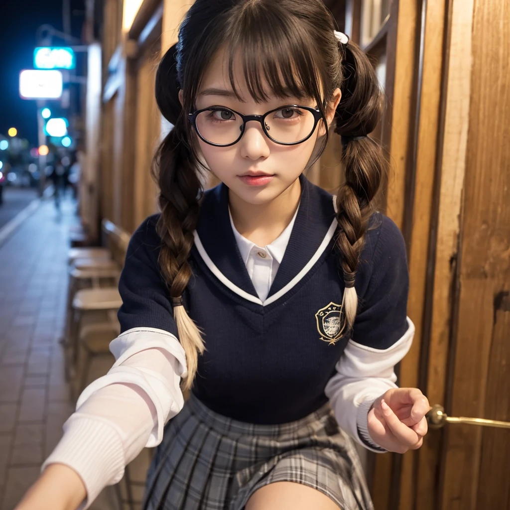 there is a woman sitting on a couch reading a book, with glasses, young and cute girl, cute slightly nerdy smile, pretty face with arms and legs, with glasses on, nerdy, slight nerdy smile, a hyperrealistic schoolgirl, cute schoolgirl, with black pigtails, sitting in her room, thighhighs and skirt, nerdy appearance