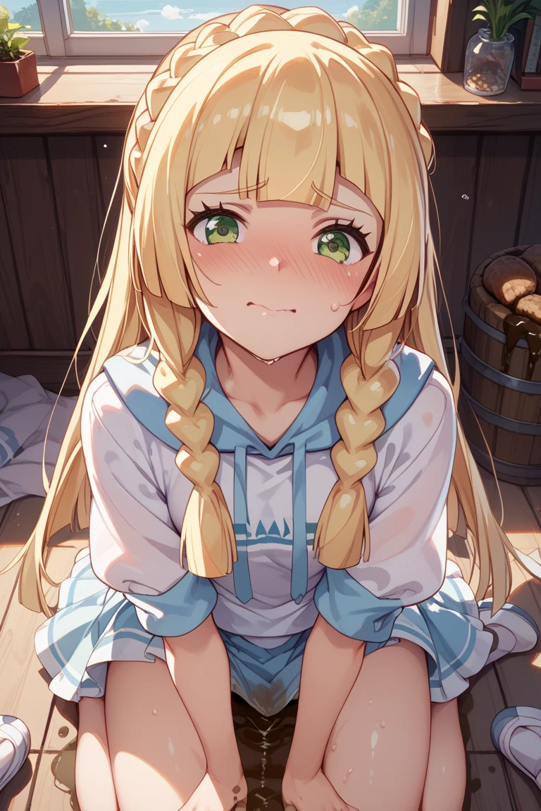 nsfw,,1 person,Sweat,White Breath,solo,,Pokémon,Lillie,Groin bulge,(Voyeurism through the gaps of clothes),Standing posture,room,(Small breasts),View from above,Troubled expression,