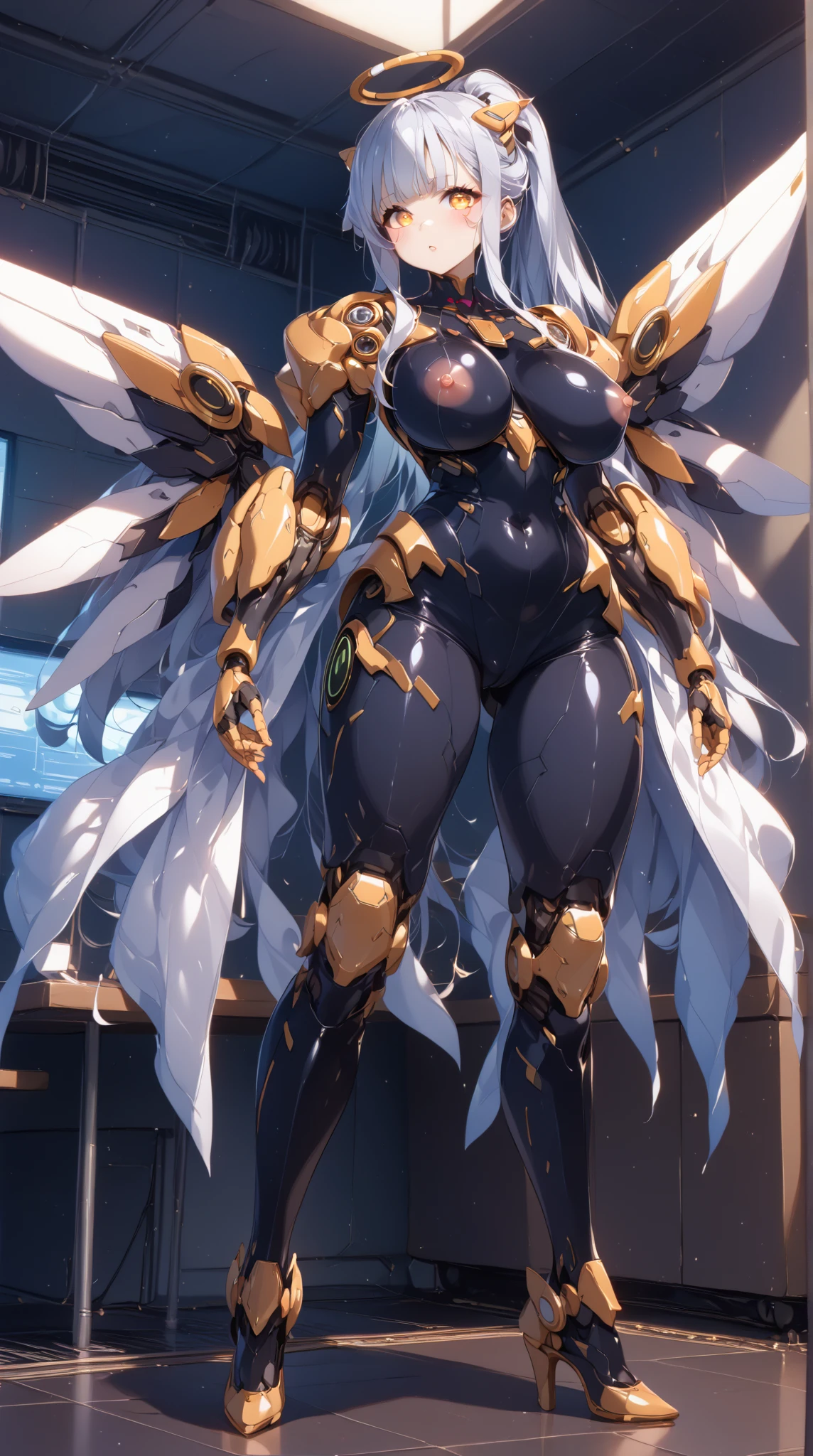 ((((masterpiece, best quality, high resolution)))), Extremely detailed 8K, Beautiful girl with slender body, (Ultra HD, Ultra-detailed, Highly detailed, Highly realistic, Ultra-realistic, photograph realistic), (1girl:1.5), (nsfw:1.5), realistic white hair, short wavy hair, bob cut, purple eyes, (large breasts: 1.2), cleavage, mecha musume, (white full body suit), glowing parts, light particles, light energy, mechanical wings, mechanical thrusters, mecha headgear, cyber effect, cyber space, (hand holding, light energy saber), (dynamic pose)