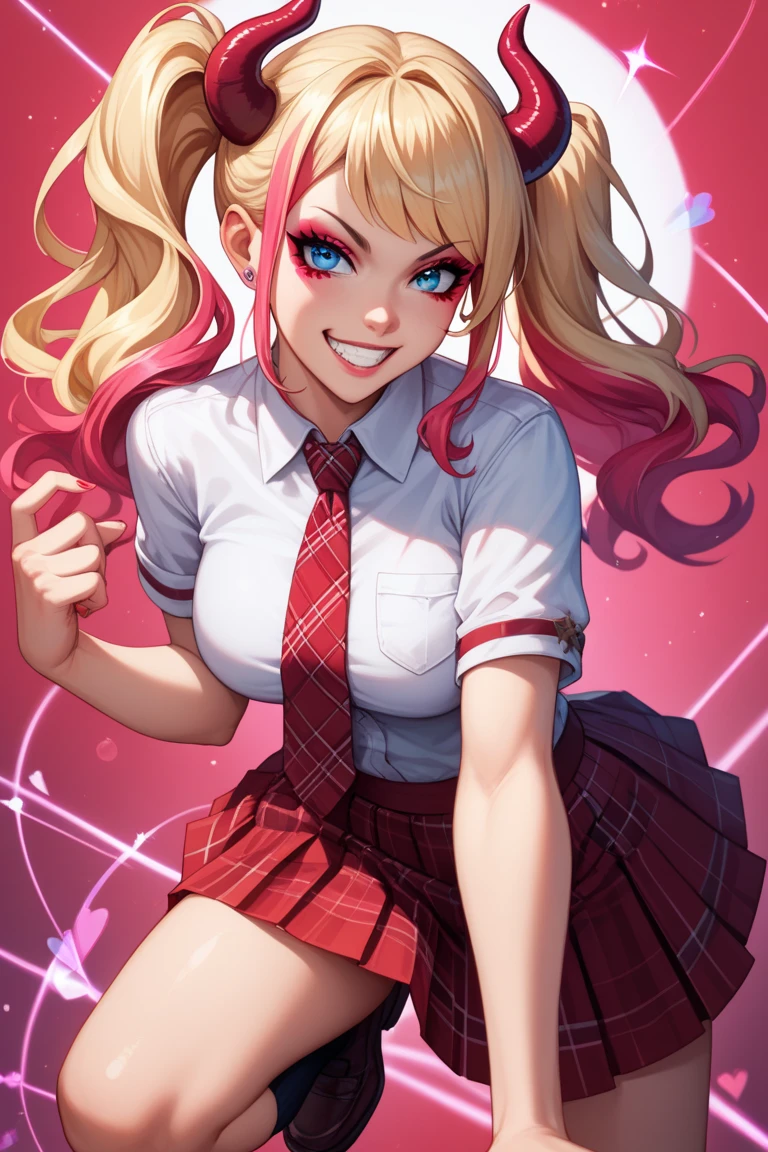 long hair, 1girl, hair ornament, twintails, solo, breasts, blue eyes, cleavage, bow, bear hair ornament, necktie, blonde hair, smile, bangs, large breasts, looking at viewer, collarbone, shirt, nail polish, red bow, black shirt, underwear, bra, skirt, choker, black bra, sleeves rolled up, white necktie, red nails, open mouth, pleated skirt, red skirt, shiny, teeth, medium breasts, miniskirt, shiny hair, upper body, school uniform, pink hair, boots, upper teeth only, plaid skirt, blush, knee boots, plaid, black footwear, cross-laced footwear, junko enoshima