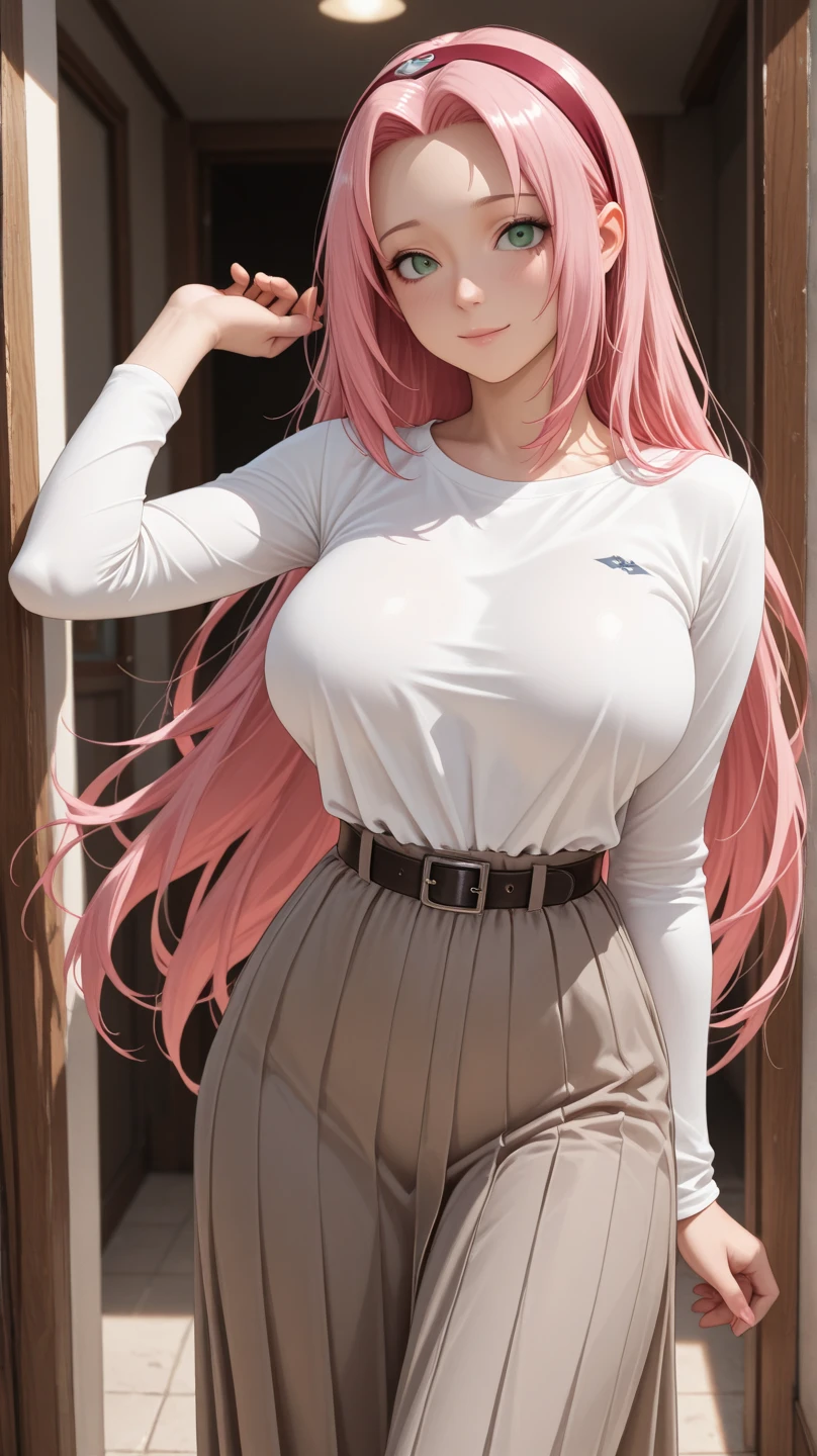 Long pink hair, Japanese, big chest, tight clothing, (black leggings:1.2), (white turtleneck:1.6), big thighs, sadistic grin, (Fox girl:1.2), full body
