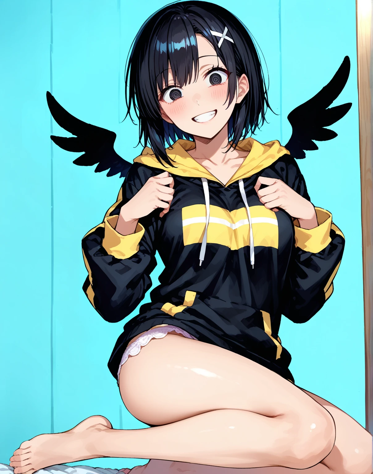 super girl elementary school student, masterpiece, highest quality, abstract, psychedelic, neon, (honeycomb pattern), (creative:1.3), fantasy 00d、 black hair、bob cut with trimmed ends、flat chest、Thin crotch、lolicon、belly button、High-leg style、white cloak with pink pattern、pointed nipples、white panties、(((squat)))、transparent clothes、Heart particles are released from the pants...、hand to mouth