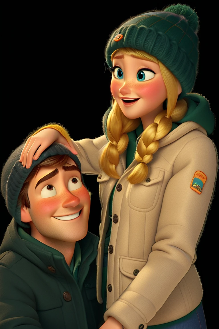 there is a man and woman standing next to each other in the woods, in front of a forest background, forrest in the background, trees in the background, standing in the forrest, high school, vacation photo, forrest in background, standing in the forest, in the mountains, forest in the background, pine trees in the background, standing in a forest, trees in background, girl has dark blonde hair, girl wearing overalls over a black tee shirt, both are smiling, girl has blue eyes, boy has brown eyes