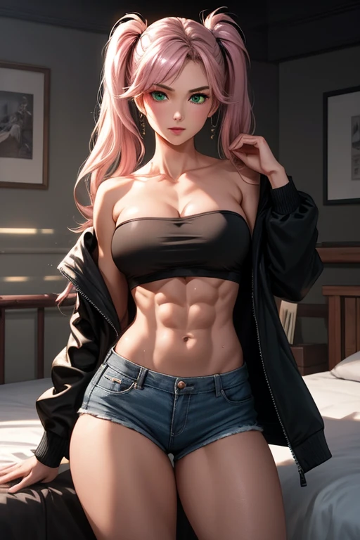 Young girl, ((((huge and full breasts)))), (((huge and large ass))), (((thick and fat thighs)))), ((Bodybuilder)), ((((huge muscles)))), long pink hair with two side ponytails, (sitting on a bed with open legs), ((wearing a white lace lingerie)), high quality textures, detailed face, cute on the faces, beautiful smile, green eyes, shiny skin, beautiful skin, Realistic lighting, lighting coming from the right. Artistic inspiration by Masashi Kishimoto