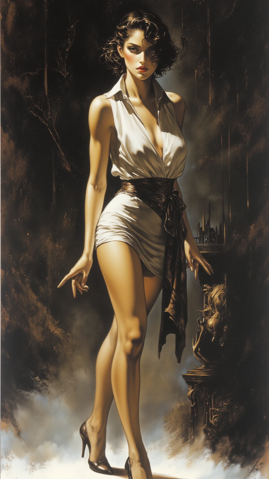 Kelly LEBROCK dressed full-length from the movie "Oh That Science 1985", art by Vasily Vereshchagin, the cemetery, the night, the horror movie atmosphere.