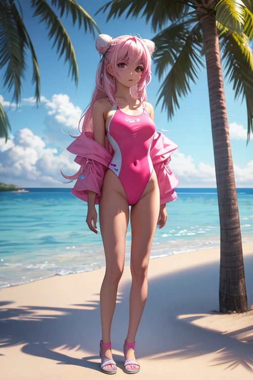 1girl, beautiful girl, cute girl and idol face, young face, smile, Beautiful long pink hair, twintails, Beautiful shining red eyes, white skin, slender, Short body, One-piece swimsuit, show full body, Summer Sea, Seaside, bathing beach, Girl playing with waves on the beach, Dynamic girl