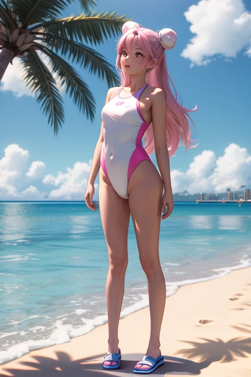 garota, pink swimsuit, segurando uma flor, Standing against a tree, 8k, ((melhor qualidade), (best resolution))