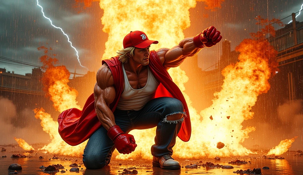 fire, explosion, sunset, flame, muscular, burning, palm tree, torch, orange sky, blonde hair, gloves, ponytail, pyrokinesis, molten rock, breathing fire, fingerless gloves, embers, campfire, tree, hat, dougi, clenched hand, 1boy, evening, punching, male focus, clenched hands, manly, long hair, fireplace, baseball cap, gradient sky, abs, twilight, firing, red sky, leaf, biceps, stand, stance, dusk, flaming weapon