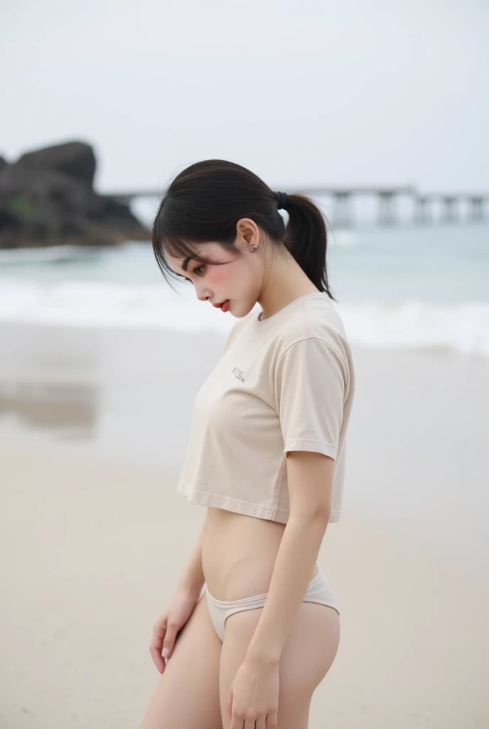 ultra-detailliert, hight resolution, (Realistic, Photorealistic: 1.4), 8K, Raw photo, (masutepiece), (Best Quality), physically-based renderingt, Female college student, Brown hair, sand beach, _white_Shirt、
