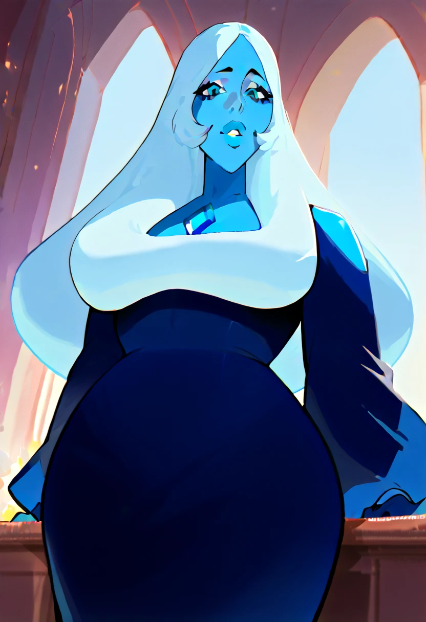 Bledim,white hair,sad,(blue skin:1.1),blue eyes,gem between collarbone,eye_bags,lips,
dark blue robes,wide sleeves,curvy,skin tight,cleavage,covered nipples,
standing,
from below,
night,stars,
(insanely detailed, beautiful detailed face, masterpiece, best quality),<lora:BlueDiamond-10SSv9:0.7>,