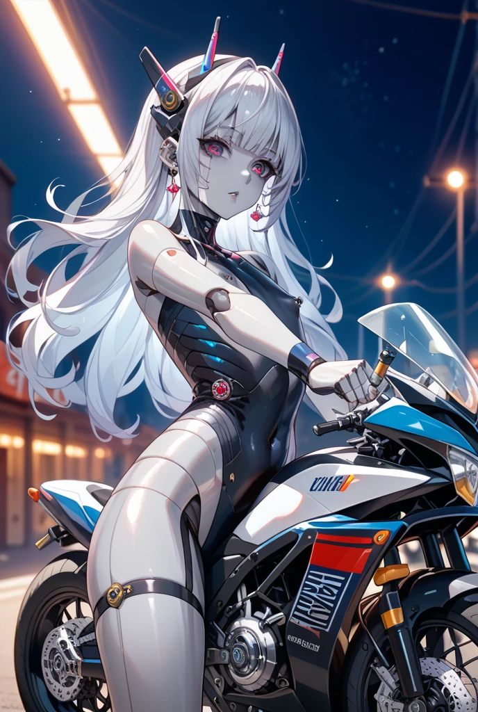masterpiece,best quality, 1girl,motorcycle, ass <lora:Motor:0.5>, bangs, bare_shoulders, black_legwear, closed_mouth, collarbone, dress, eyebrows_visible_through_hair, grey_eyes, hair_ornament, long_hair, looking_at_viewer, pantyhose, silver_hair, <lora:21:0.6>