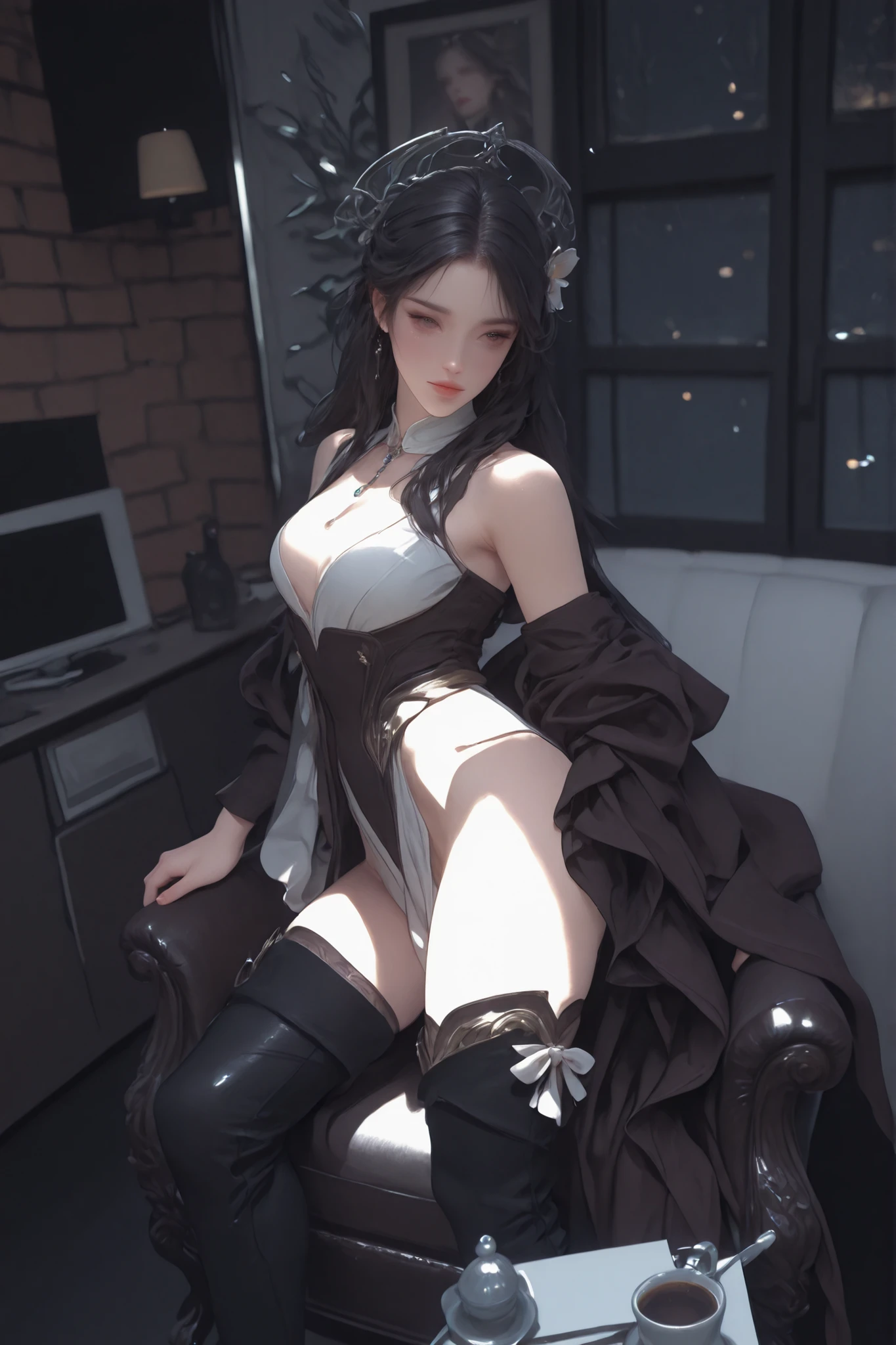 gothic woman, beautiful, short hair, green black color, green eyes, sitting in an armchair, with a black metal shirt, in a room with a poster, a table and computer, bare legs, with white panties, (barefoot) a girl with a serious look, big breasts, and feet with black painted nails