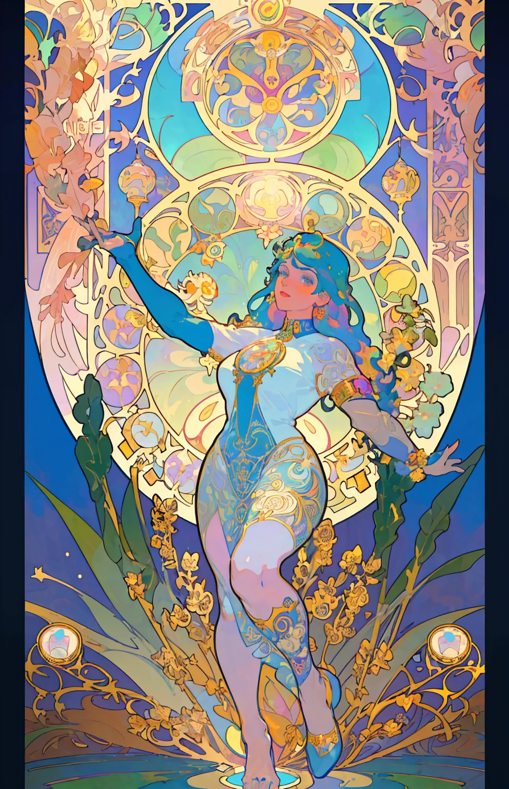 ((best quality)) , ((masterpiece)) , (detailed),1girl, short hair,  black hair, cape, staff, stairs, magic,((art nouveau style , decorative, curvilinear forms, nature-inspired, detailed))