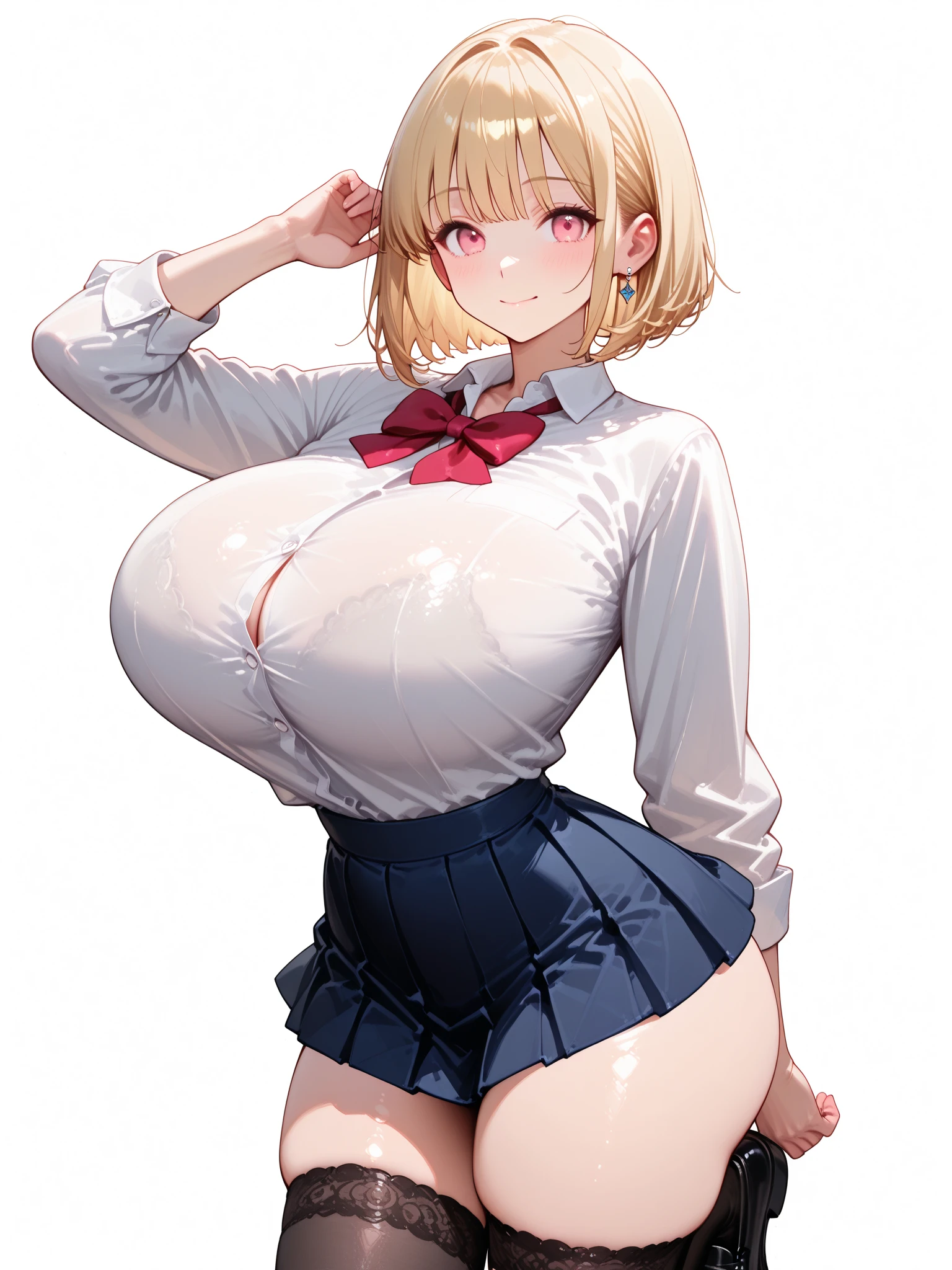 (huge breasts:1.4)(masterpiece) (high quality) (best quality) (1girl), (solo), narrow waist, (looking at viewer), tight black crop top with short sleeves, bare shoulders, black plaid skirt, kneehighs, Nekomata Okayu