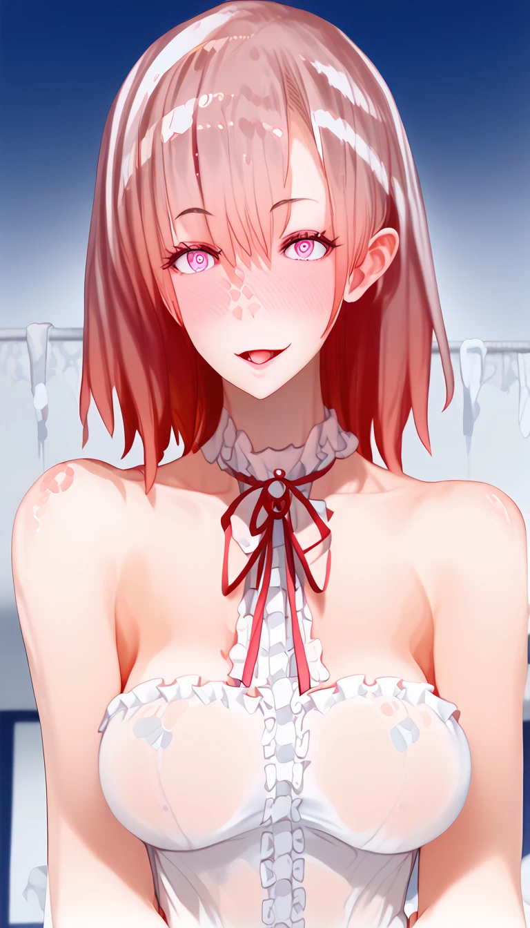 1 girl, graduation bob, straight short hair, mediumvioletred hair, mediumvioletred eyes, big droopy eyes, small beret, selfish, ashamed, close eyes, blushing