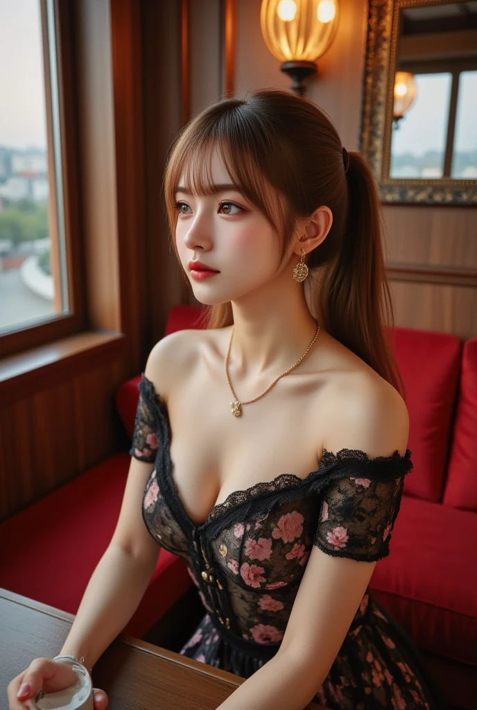 (Viewer's Eyes 1.8),(Big Tits 1.8),(Gorgeous colorful dress 1.8),(Table Top 1.8),masterpiece,Highest Resolution,Dynamic bust of a beautiful Chinese woman,Delicate black hair bun,Wavy long hair,Black clear eyes,Her hair is covered with beautiful and delicate flowers.., crystal jewelry filigree,Ultra-detailed details,beauty effect,Soft lighting。