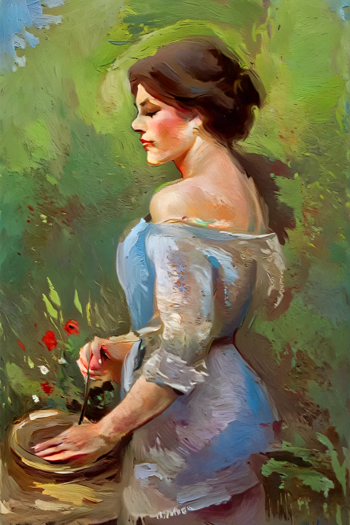 artwork that reproduces Claude Monet's Impressionist style, portrait woman Thick Textured Oil Painting , Impasto brushstrokes , red , green , Blues , Dry brushing , The lower layers are revealed , abstract landscape , Moody Lighting , dramatic shadow , Calm Earth Color , bright colors , very detailed , masterpiece , creates impressive oil paintings inspired by Malcolm Liebke , impactful brush strokes based on images provided . intense , introspective expression of young subjects using thick paint , captures using expressive brushstrokes and a calm color palette . Thick Textured Oil Painting , Impasto brushstrokes , Dry brushing , The lower layers are revealed , RGB scale color scheme