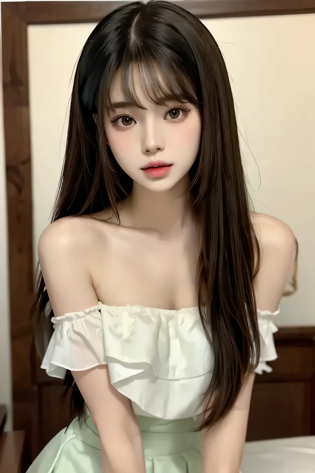 Beautiful Woman with Perfect Body:1.4,Layered Hairstyle,Highly detailed facial and skin texture,Double eyelids,Skin Whitening,long hair,Delicate short skirt,Get Down