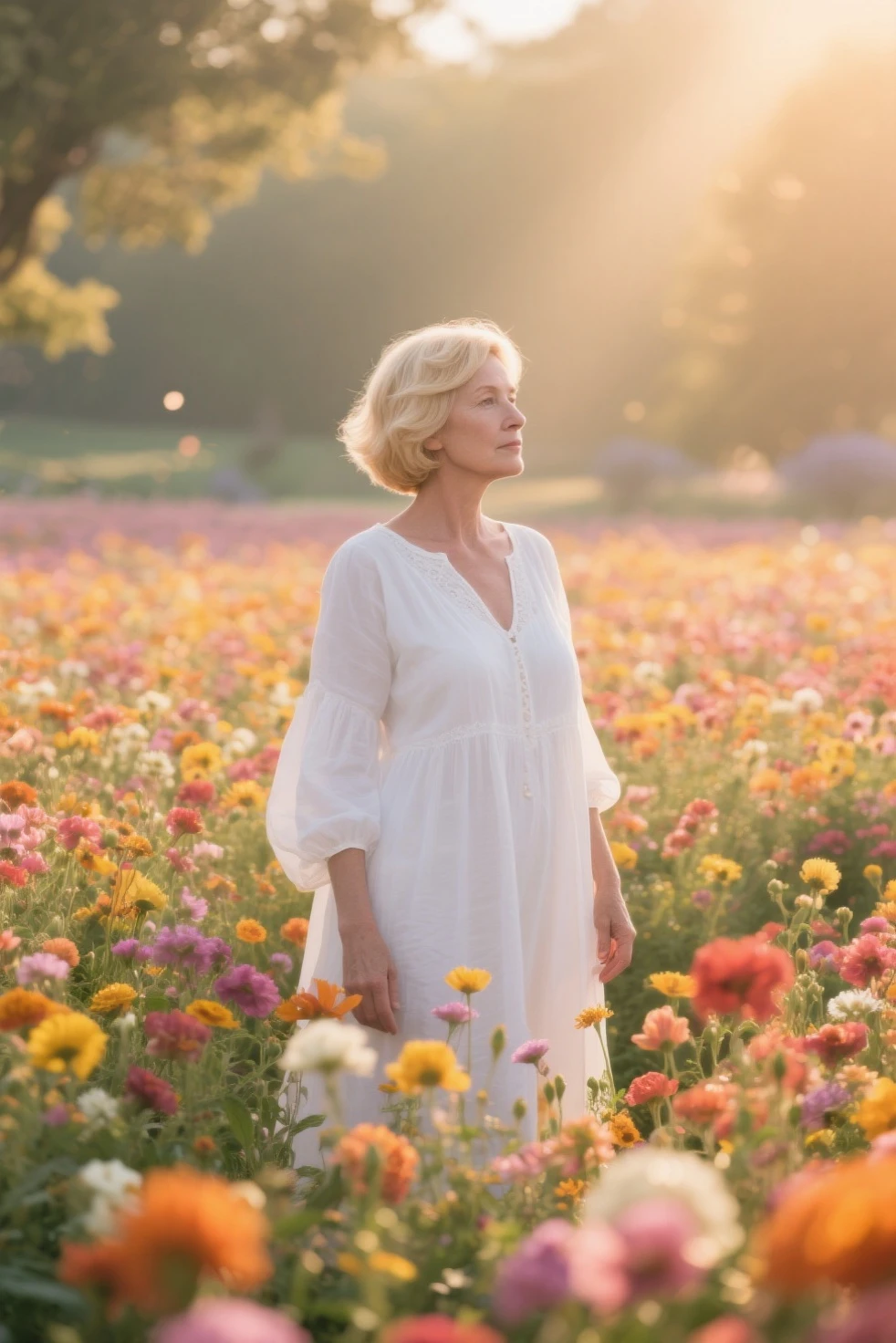full-length woman standing in a flower field in the rain., goddess in a flower field, , middle aged blonde, in a light translucent dress, facing the camera,  woman in front in flower field, Beautiful Ultra HD 4K graphics, , in a field of flowers, woman in flowers, Highly detailed 4k digital graphics, 60 years, wrinkled body and face,