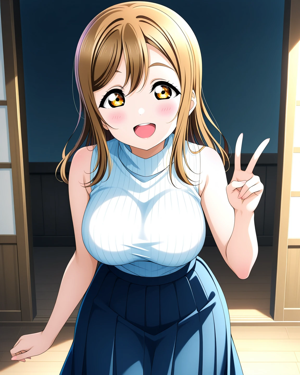 (Masterpiece, Best Quality, High Quality), volumetric lighting, illustration, beautiful, perfect lighting, perfect shadows, kousaka honoka, blue eyes, breasts, blush, smile, short_hair, open_mouth, bangs, skirt, large_breasts, shirt, cleavage, bare_shoulders, collarbone, moist skin, off_shoulder, clenched_hands, yellow_shirt, (pressing her breasts:1.2) ,sweaty, thighs, shy,air conditioner