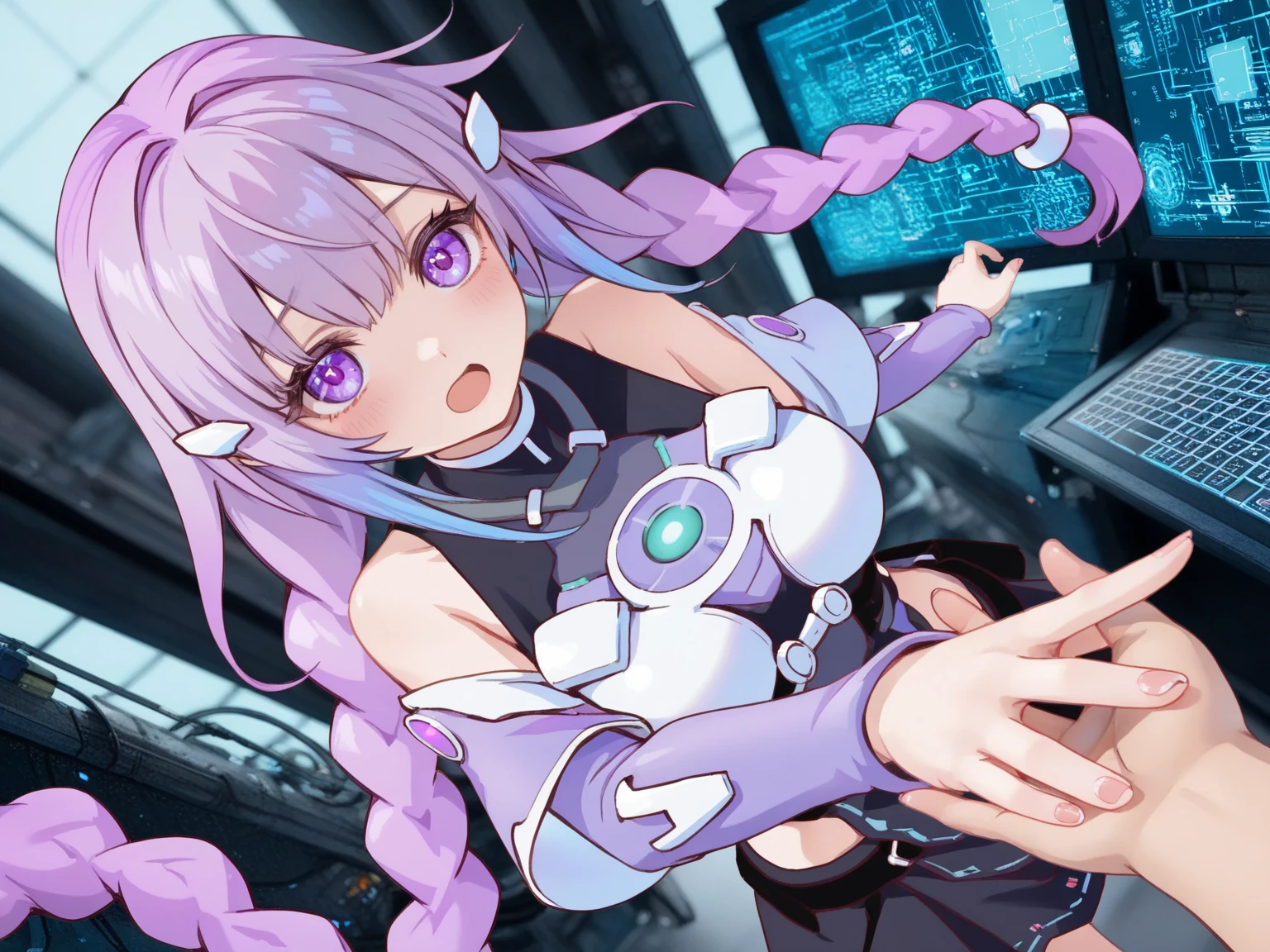 25 year old woman, best quality, super fine, 16k, incredibly absurdres, extremely detailed, delicate and dynamic, (purple eyes and braided low twin tails with gradient from white to purple at the ends), background analyzer room lab, various image effects, bodysuit, looking back at viewer, soldier