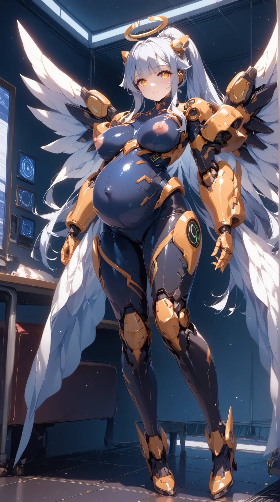 (((NSFW))), Top-quality, Super high resolution, Highres, 8k, UHD, Detailed lighting, Shaders, Realism, (((Masterpiece))), (((Best quality))), ((ultra-detailed)), (highly detailed CG illustration), (The ultimate beautiful girl, Very beautiful face), The most beautiful hair in the world, ((an extremely delicate and beautiful)),cinematic light,((1mechanical girl)),solo,(cowboy shot:1.2),(Robot wings, machine made wings, machine made joints:1.2),((machanical limbs)),(blood vessels connected to tubes),(mechanical vertebra attaching to back),((mechanical cervial attaching to neck)), ((Big , Voluptuous, Plump, Chubby:1.5)), (Thick thighs, Big ass), expressionless,(wires and cables attaching to neck:1.2),(wires and cables on head:1.2),(character focus),science fiction,extreme detailed,colorful,highest detailed, loongs,fengs,background