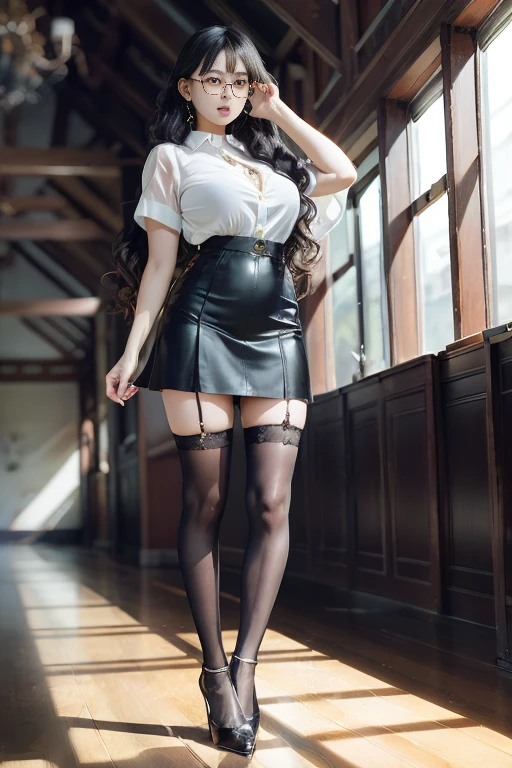 ((best quality)), ((masterpiece)), (detailed), perfect face,silver_hair, black_eyes, lips, corset, realistic,skirt,black_stocking,sit on chair, hight_heeled_shoes,30 years old, Asian