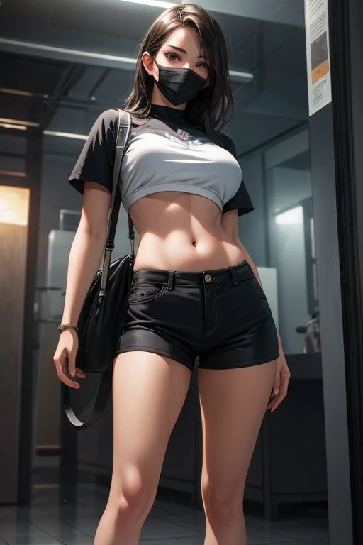 Best Quality, Masterpiece, High Resolution, 8K, (Realistic: 1.4), Ultra High Resolution, 1 Girl, Ultra Detailed, Surreal, Highly Detailed CG Illustration, Official Art, Cinematic Light, Reality, Young Beautiful Girl, Perfect Figure, Perfect Figure, Full View, Perfect Body, (Starting below: 1.3), Mask, Pose, Sexy Long Legs, Confident, Beautiful Sexy, Grey Short Sleeves, Open Abdomen, Black Super Shorts, S-shaped Body, Upturned Hips, Assuming, Posing, Different Perspectives
