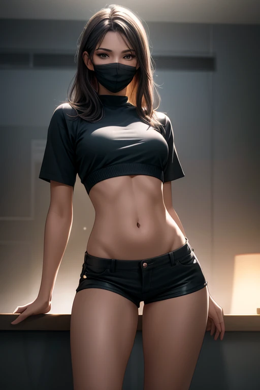 Mia Khalifa, captive, ninja, ponytail, black mask, big breasts, torn clothes, underwear, restrained, angry, rope, scratches