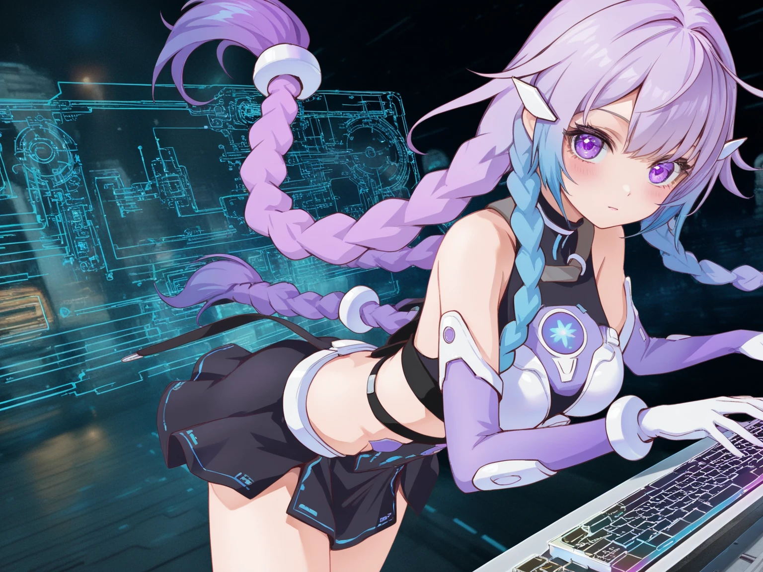 masterpiece, highest quality, High resolution, Very detailed,Beautiful High School Girl, (((cyber punk))), (((I have a computer。))), neon, Streetscape, smile